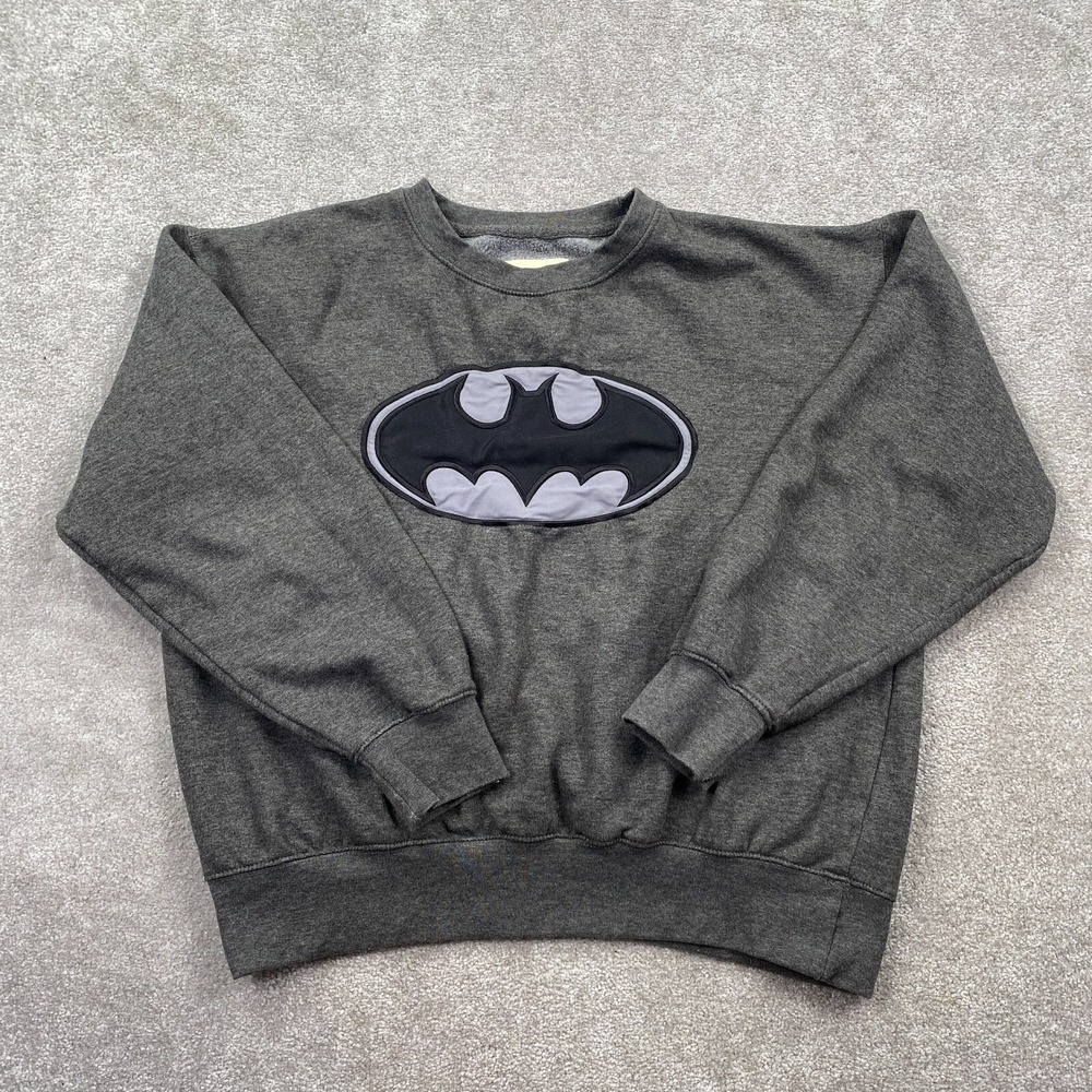 Batman Six Flags Logo Pullover Sweatshirt Long Sleeves Youth Size L Charcoal